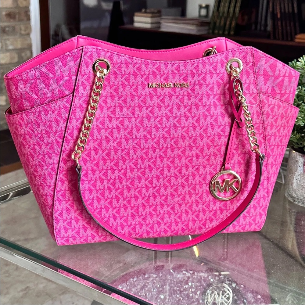 Michael Kors Jet Set Travel Large Chain Shoulder Tote MK Logo Bag Electric Pink - Picture 4 of 10